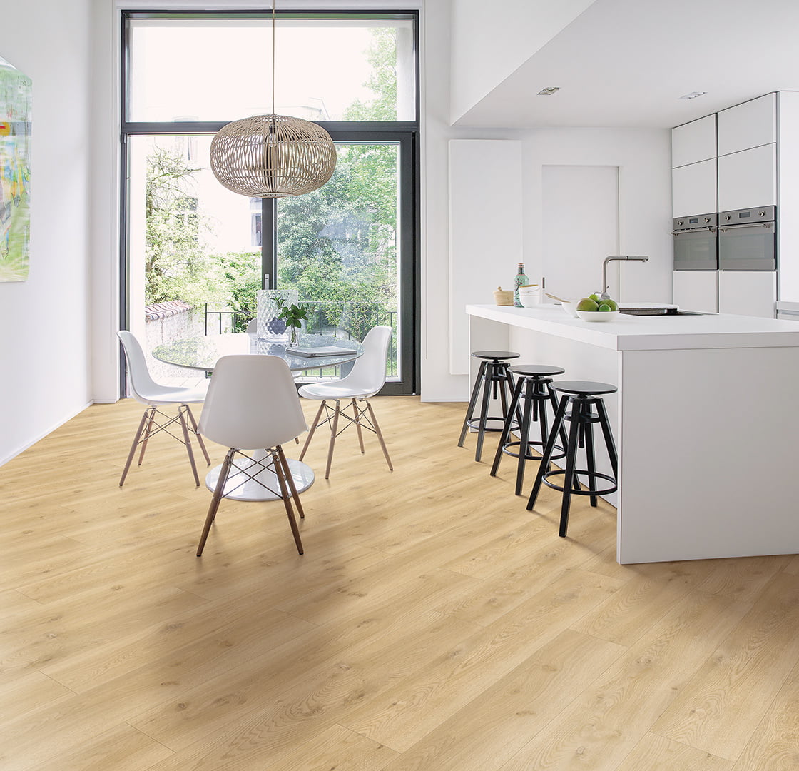 Diagonal flooring boards in a small kitchen